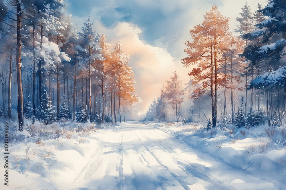 Fototapeta premium watercolor painting of a serene winter forest landscape