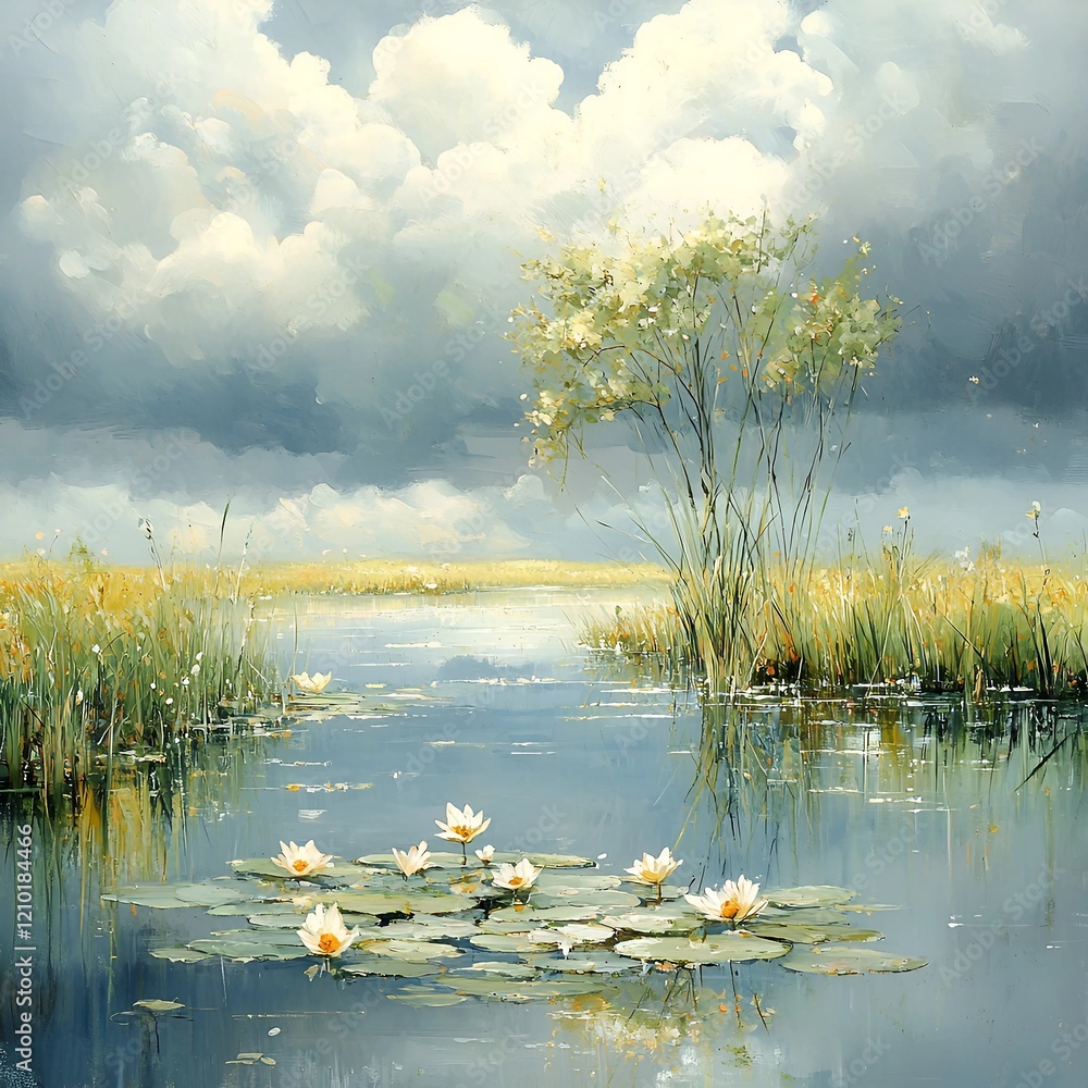 Fototapeta premium “Tranquil Wetlands with Blooming Water Lilies and Serene Reflections”