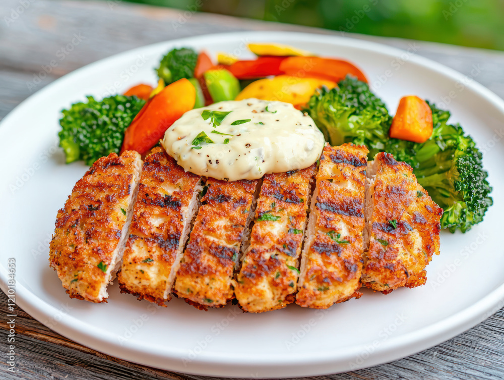 Delicious chicken fritters served with colorful vegetables and sauce Delicious chicken fritters served with colorful vegetables and sauce