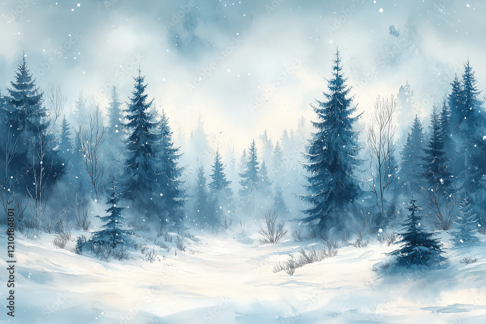 Obraz premium watercolor illustration of a peaceful winter forest scene