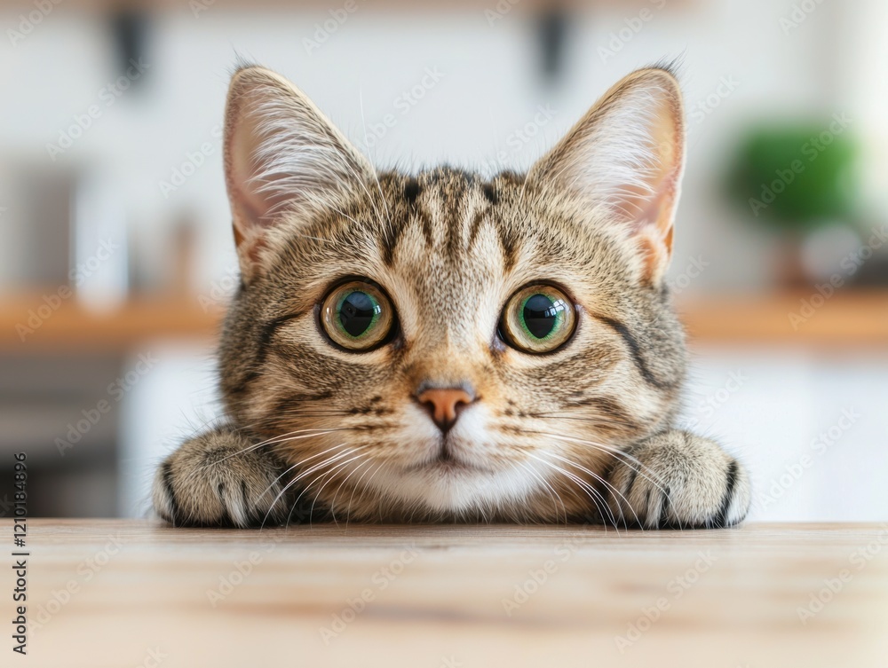 Curious kitten peeking over table in cozy home interior Curious kitten peeking over table in cozy home interior