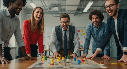 Four joyful colleagues lean over a board game, colorful pieces scattered across the playing area. Theyre laughing and engaged in a collaborative game session.