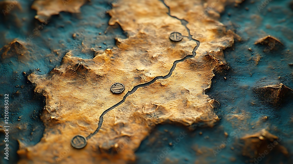 A Rugged Landscape: A close-up view of a detailed, hand-crafted terrain model with an intricate river snaking its way through the mountains. A Rugged Landscape: A close-up view of a detailed, hand-crafted terrain model with an intricate river snaking its way through the mountains.