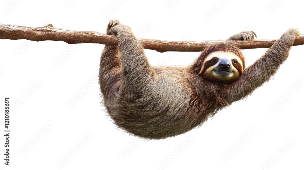 Obraz premium Sloth hanging from tree branch, relaxed posture in natural habitat, isolated on transparent background