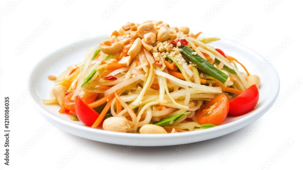 A colorful plate of Thai green papaya salad with shredded green papaya, carrots, tomatoes A colorful plate of Thai green papaya salad with shredded green papaya, carrots, tomatoes