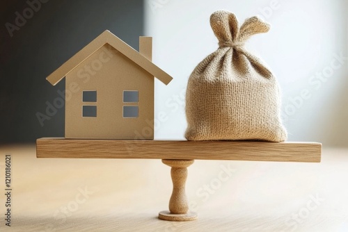 Home loan reverse mortgage or transforming assets into cash concept : House paper model , US dollar hessian bags on a wood balance scale, depicts a homeowner or a borrower turns properties into cash,  photo