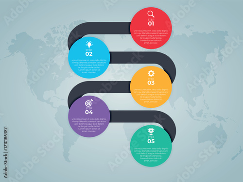 A 5 step process infographic Plan, Idea, Action, Target, and Success displayed on a world map background. Each step features an icon and descriptive text. Visually appealing and informative.