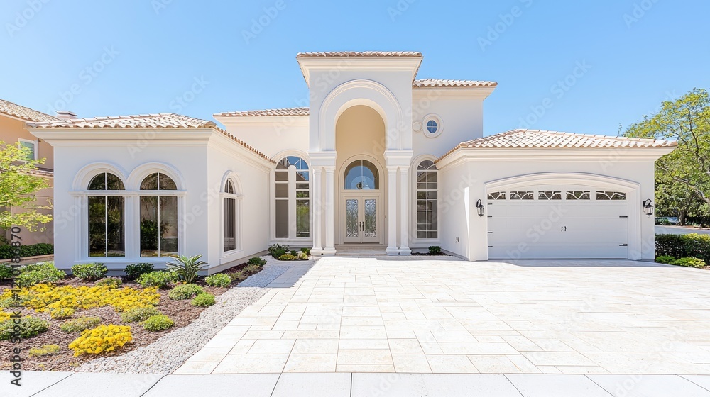 Obraz premium Luxurious white villa, sunny day, paved driveway, landscaped gardens, real estate listing