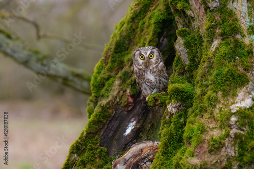 Boreal owl (Aegolius funereus), Small, chunky owl with a large, flat-topped head. Note extensive white spotting and gray face framed in black. photo