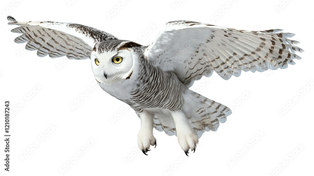Obraz premium Snowy owl gliding in the air, isolated on transparent background