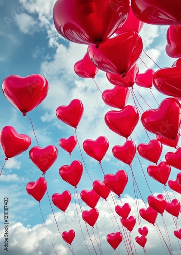 Heart-shaped balloons, Vibrant red, Blue sky, Fluffy clouds, Low angle view, Valentine's Day, Love celebration, Floating hearts, Romantic atmosphere, Outdoor event, Helium balloons, Cheerful mood, Upl photo