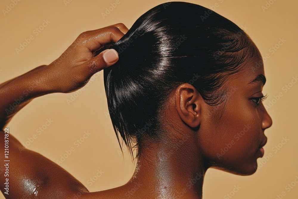 Woman's profile with hand holding back slicked wet hair