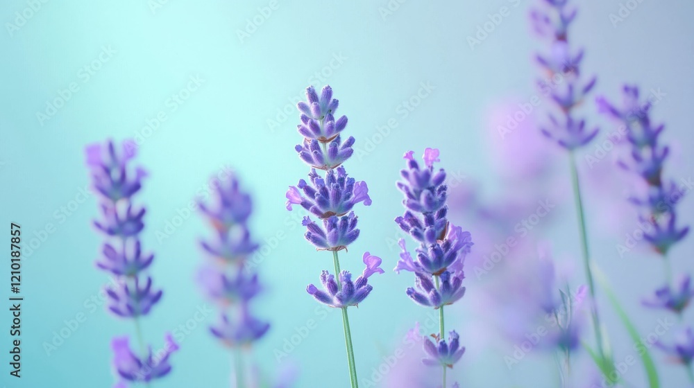 Naklejka premium Lavender blooms reach towards a pastel mint background in a tranquil outdoor setting during the golden hour