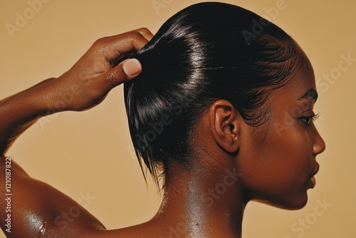 Obraz na płótnie Woman's profile with hand holding back slicked wet hair w salonie