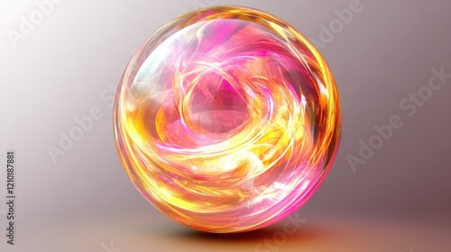 3D crystal ball with swirling fiery patterns, combining pink and yellow hues for a mystical and captivating appearance. Ideal for fantasy or magical-themed. Isolated on transparent background  photo