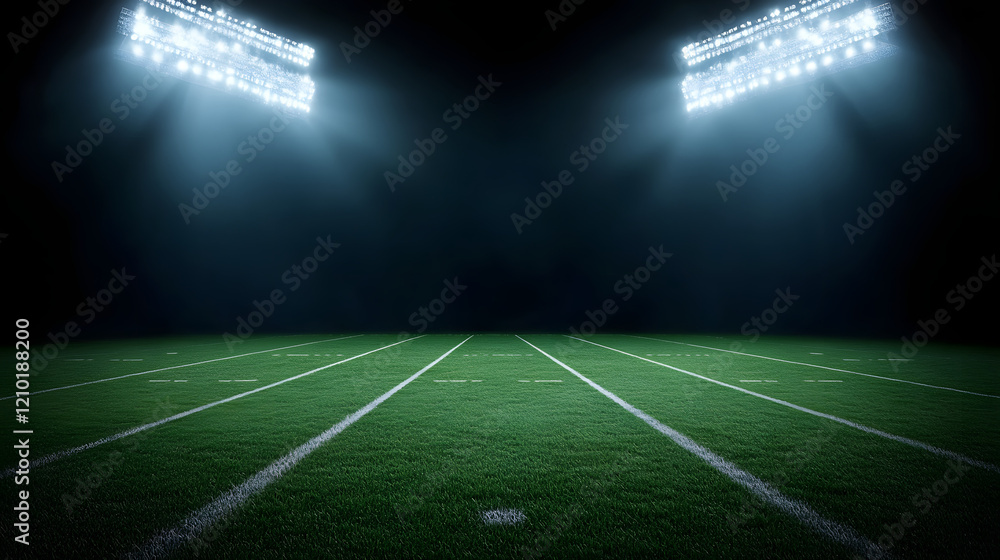 Football field illuminated by stadium lights, with copy space for text, highlighting the vibrant green pitch and the electrifying atmosphere of an evening match.
Football field illuminated by stadium lights, with copy space for text, highlighting the vibrant green pitch and the electrifying atmosphere of an evening match.