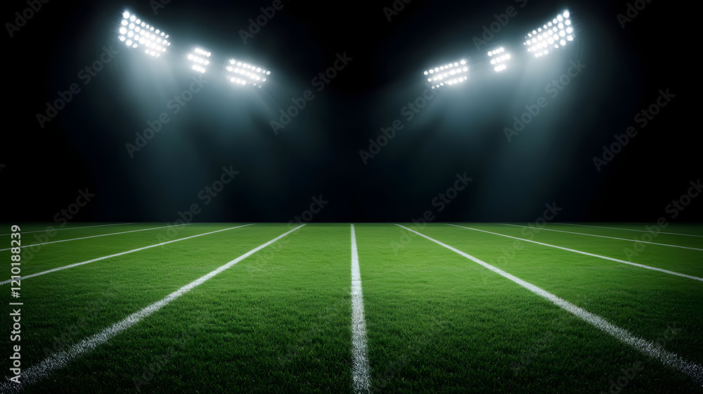 Football field illuminated by stadium lights, with copy space for text, highlighting the vibrant green pitch and the electrifying atmosphere of an evening match.
Football field illuminated by stadium lights, with copy space for text, highlighting the vibrant green pitch and the electrifying atmosphere of an evening match.