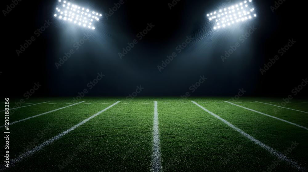 Football field illuminated by stadium lights, with copy space for text, highlighting the vibrant green pitch and the electrifying atmosphere of an evening match.
Football field illuminated by stadium lights, with copy space for text, highlighting the vibrant green pitch and the electrifying atmosphere of an evening match.