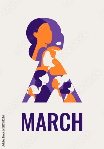 March month greeting card Different women inside big female silhouette in purple colors. Strong and brave girls support each other and feminist movement. Sisterhood and female friendship. Vector