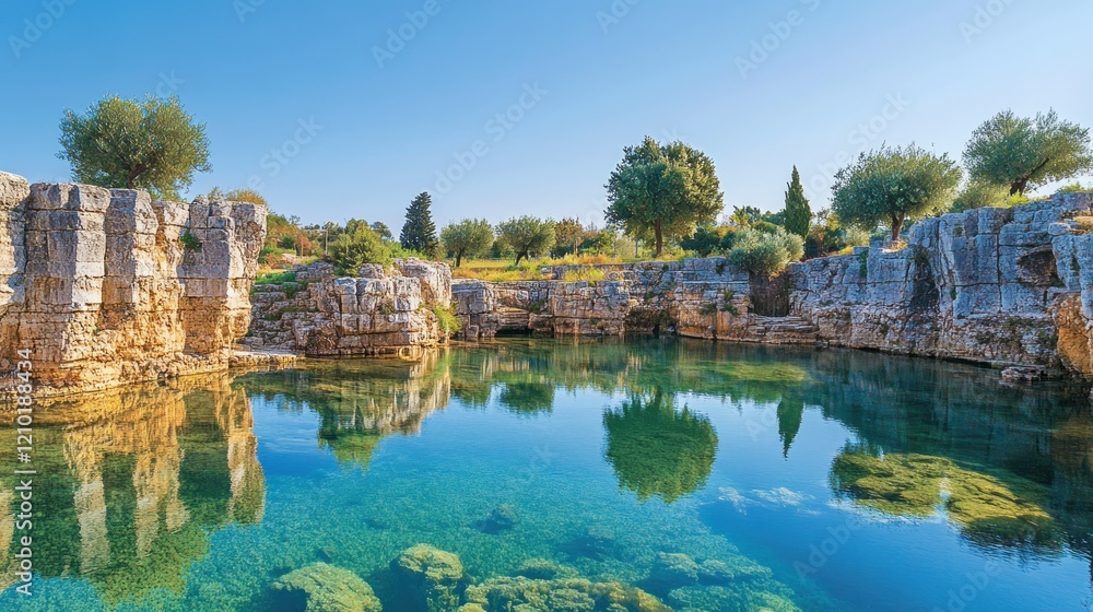 Fototapeta premium Serene Reflection: Turquoise Waters of a Hidden Oasis