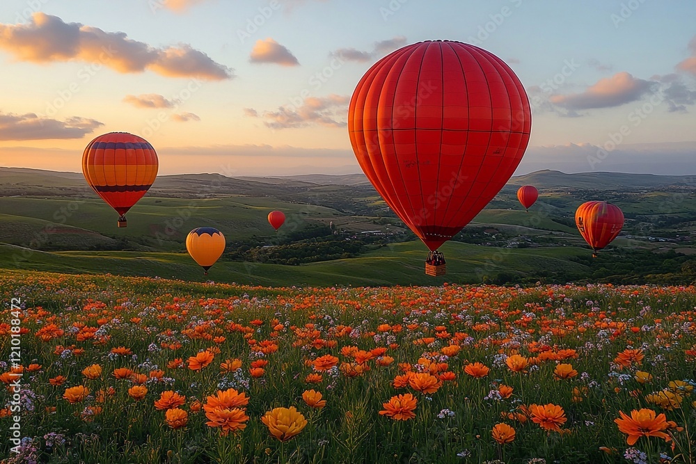 Obraz premium Balloons in a Sunset : Capture balloons against a sunset, creating a romantic atmosphere.