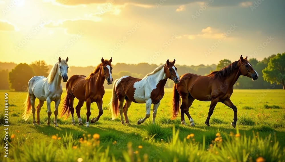A herd of wild horses enjoys the afternoon sun in a lush green meadow , country, day, horses A herd of wild horses enjoys the afternoon sun in a lush green meadow , country, day, horses