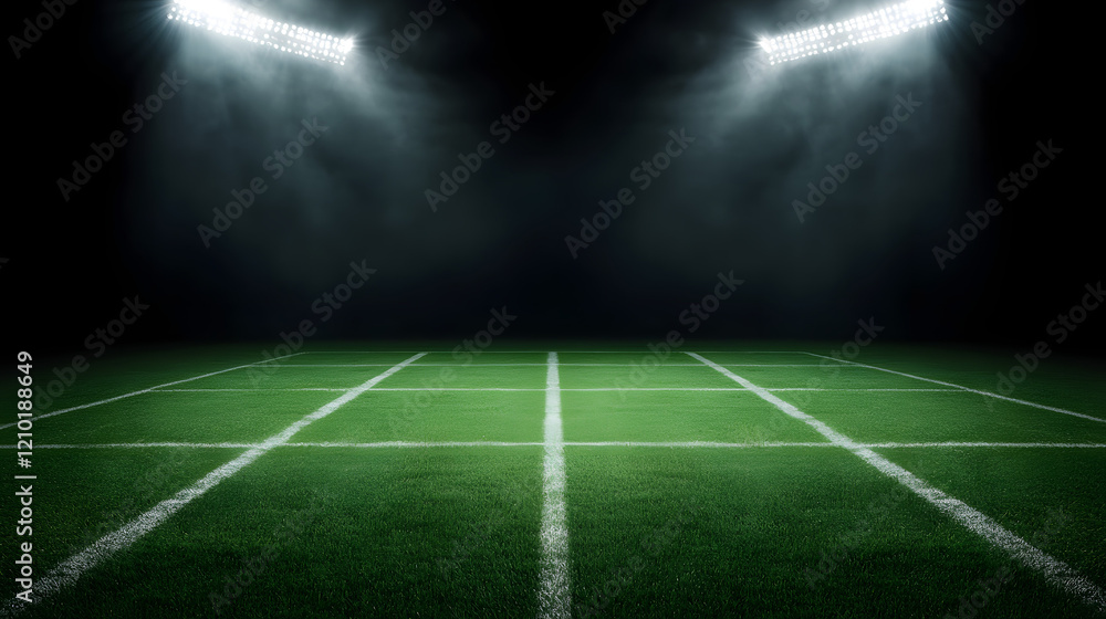 Football field illuminated by stadium lights, with copy space for text, highlighting the vibrant green pitch and the electrifying atmosphere of an evening match.
Football field illuminated by stadium lights, with copy space for text, highlighting the vibrant green pitch and the electrifying atmosphere of an evening match.