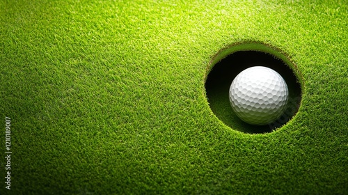 A close-up of a golf ball nestled in a hole on a lush green putting green, showcasing the textured grass surrounding it.
