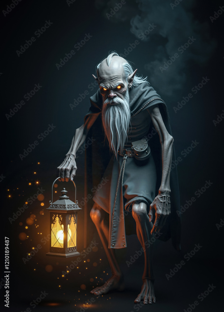 Fototapeta premium Sinister necromancer carrying lighted lantern in darkness