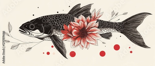 Fish illustration with floral elements, artistic design featuring a trout with red flowers and branches for nature-inspired decor, seafood themes, or tattoo art ideas. photo