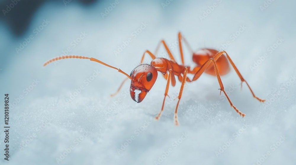 A close-up image of a red ant crawling on a white background, with its segmented body, antennae, and legs clearly visible. A close-up image of a red ant crawling on a white background, with its segmented body, antennae, and legs clearly visible.