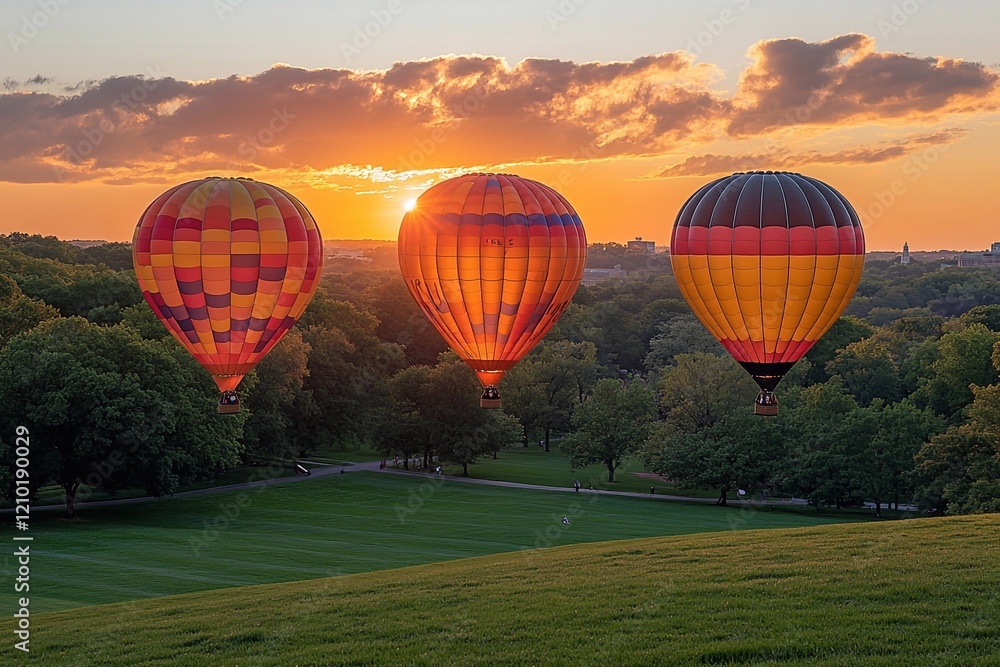 Obraz premium Balloons in the park: Capture balloons moving up against a backdrop of green parkland.