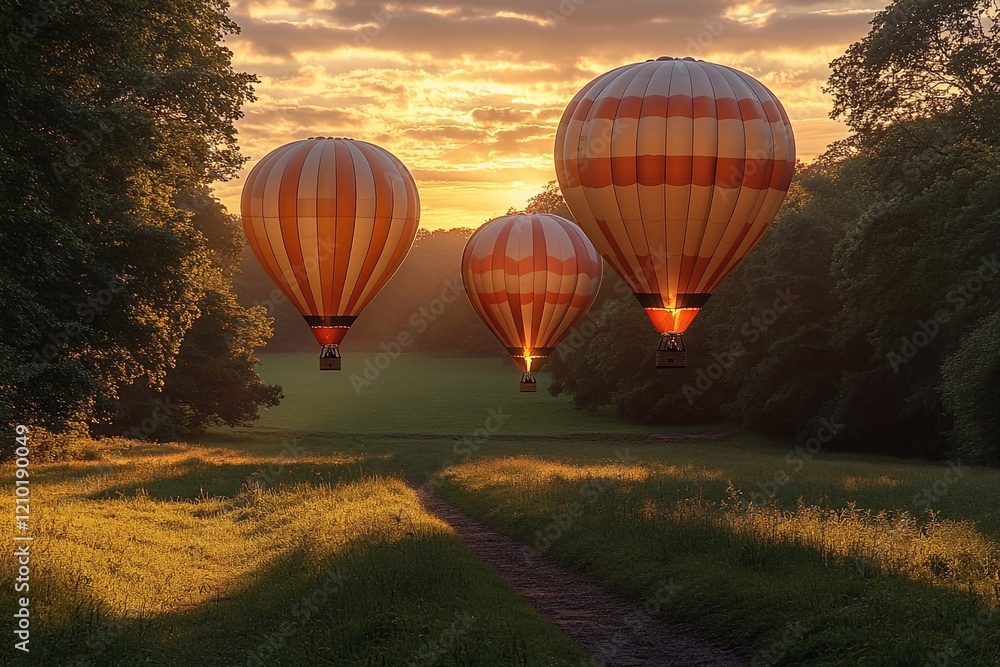 Naklejka premium Balloons in the park: Capture balloons moving up against a backdrop of green parkland.