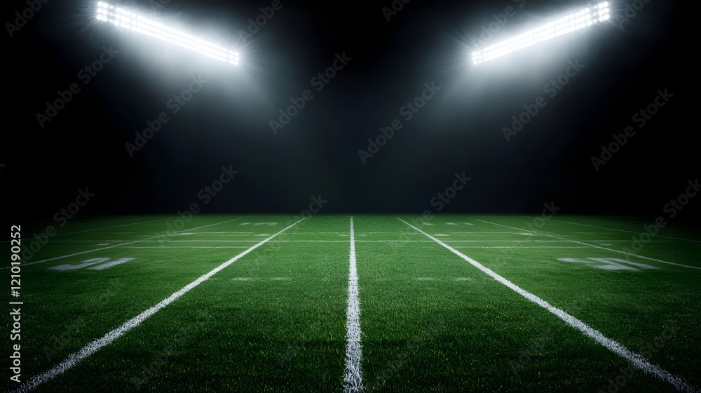 Football field illuminated by stadium lights, with copy space for text, highlighting the vibrant green pitch and the electrifying atmosphere of an evening match.
Football field illuminated by stadium lights, with copy space for text, highlighting the vibrant green pitch and the electrifying atmosphere of an evening match.