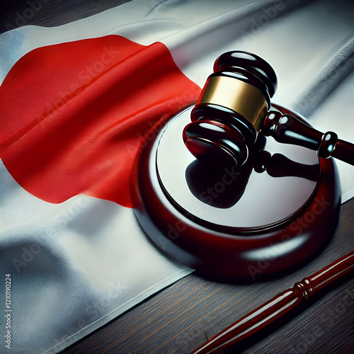 An impactful image featuring the Japan flag alongside a judge's gavel, symbolizing justice, law, A strong representation of legal authority and regional.