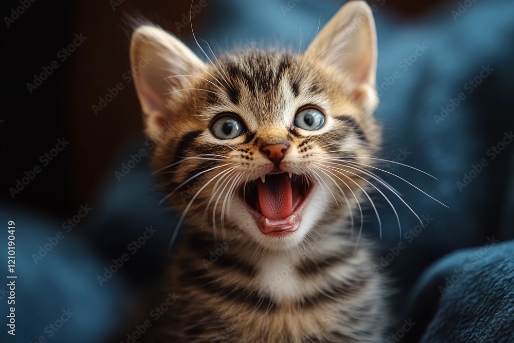 Playful Kitten with Wide Open Mouth Meows at Camera, Whiskers Twitching, Bright Eyes Full of Life Playful Kitten with Wide Open Mouth Meows at Camera, Whiskers Twitching, Bright Eyes Full of Life