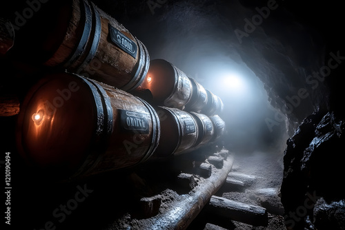 Holzfässer lagern in einer feuchten, stimmungsvollen Höhle mit Nebel und warmem Lichtschein  
 photo