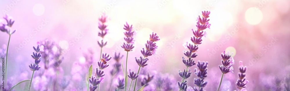 Vibrant lavender fields under soft gradient light at sunset creating a serene atmosphere in nature Vibrant lavender fields under soft gradient light at sunset creating a serene atmosphere in nature