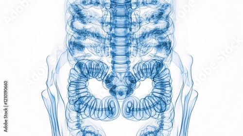 A frontal X-ray view of the intestines, showing loops of the small intestine and the surrounding organs, on a plain white background.