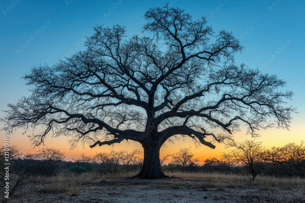 Majestic Sunset Silhouette: A Lone Tree at Dusk Majestic Sunset Silhouette: A Lone Tree at Dusk