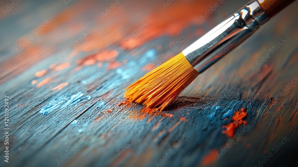 Close-up of paintbrush applying orange and blue paint strokes on wooden surface