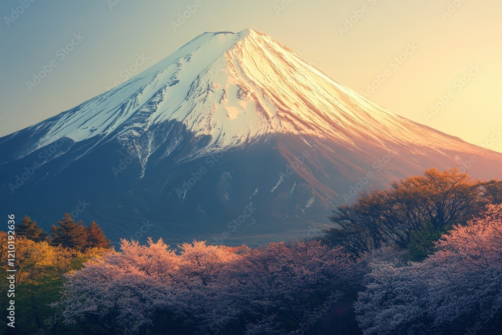 Obraz premium Mount Fuji at sunrise surrounded by cherry blossom trees, depicting Japans iconic landscape, nature beauty, and seasonal change in springtime. Adventure, travel and culture.