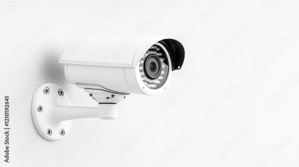 White security camera mounted on a wall, indoor surveillance White security camera mounted on a wall, indoor surveillance