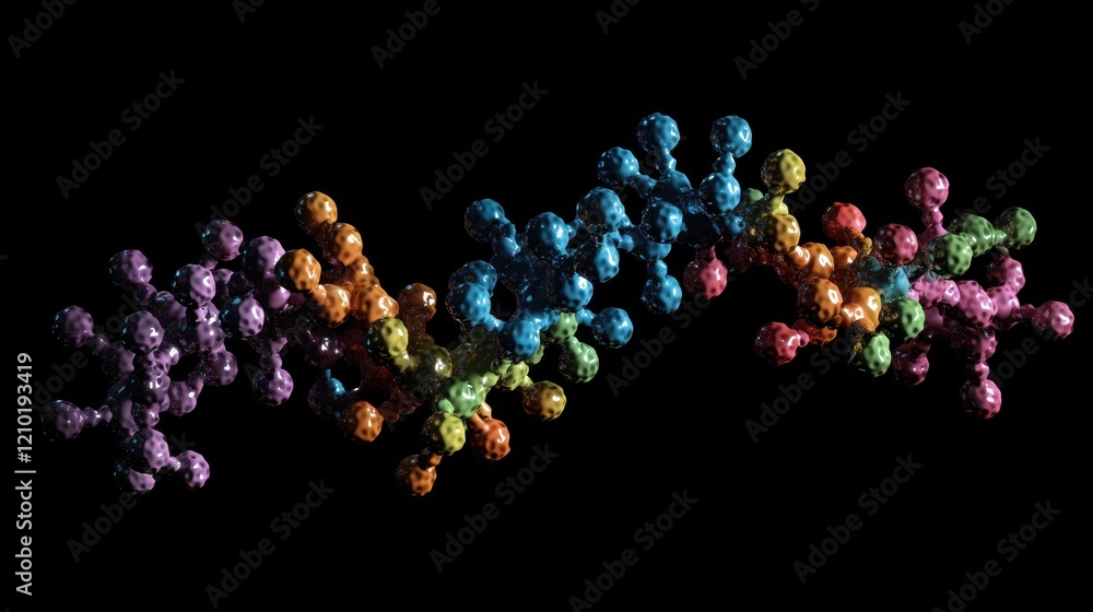 Abstract visualization of a colored DNA molecule structure representing genetic code with double helix pattern and molecular bonds. Abstract visualization of a colored DNA molecule structure representing genetic code with double helix pattern and molecular bonds.