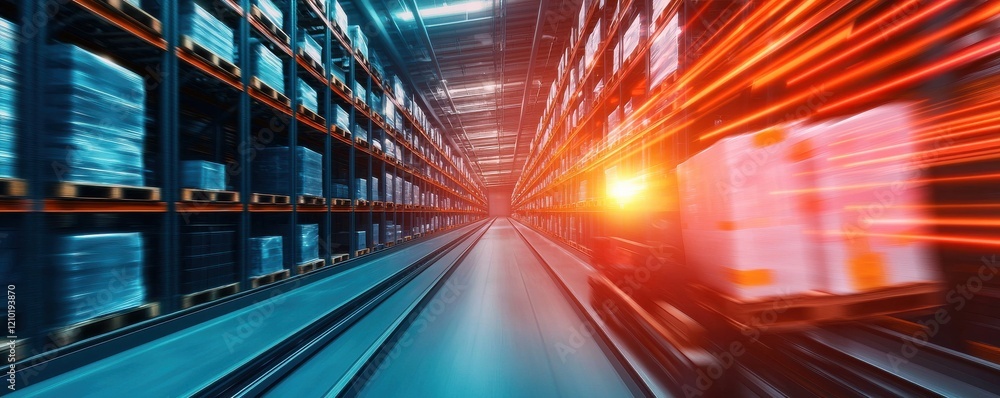 A dynamic warehouse scene showcasing pallets moving swiftly along a corridor, illuminated by vibrant lighting, highlighting efficiency in storage and logistics.