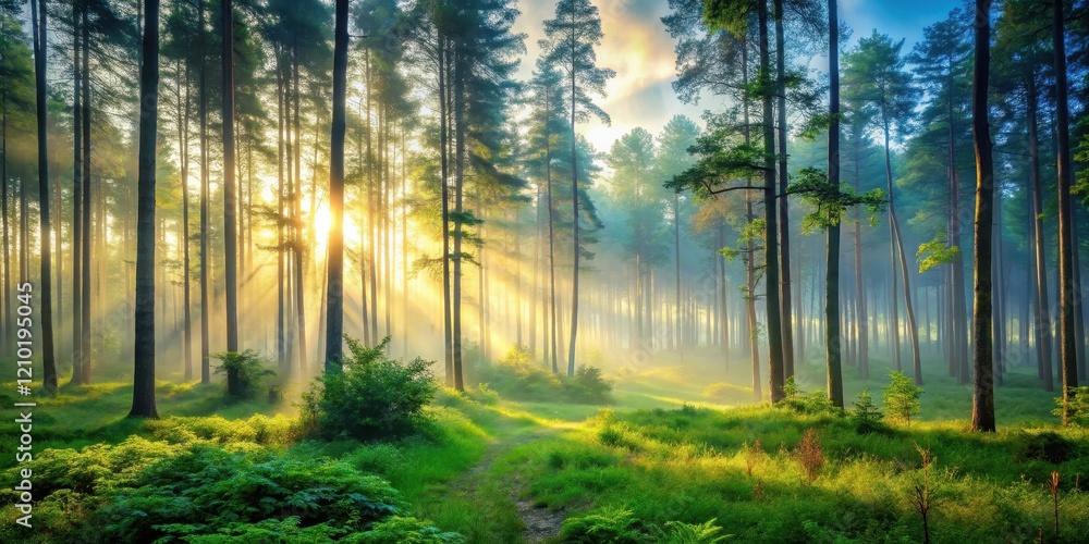 Fototapeta premium Serene forest at dawn with misty fog surrounded by tall trees and lush greenery, forest, nature