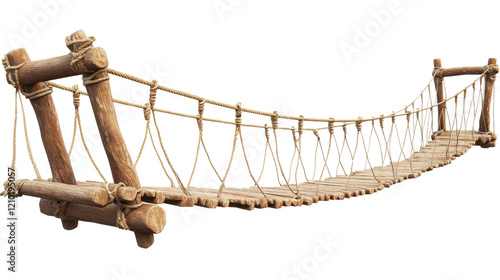 Suspension bridge in jungle, wooden and rope structure, isolated on transparent background