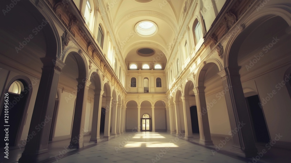 Obraz premium Cinematic shot of the interior of an old palace in Italy, the hallways and rooms extend endlessly, the ceiling is remarkably high with arched windows