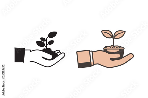 A plants icon featuring a seedling on a hand, symbolizing growth, sustainability, eco-friendliness, environmental care, and nature conservation.