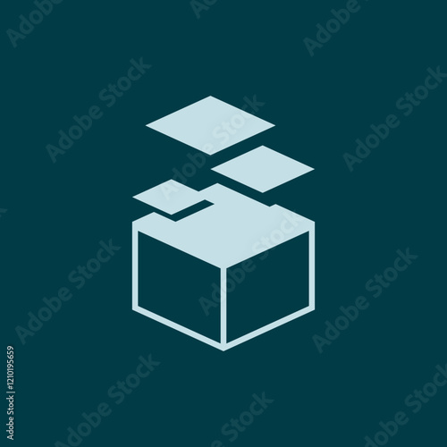 Particle Stack. Particles that look like sheets of paper of different sizes fall into a stack. Isometric icon of a stack of papers being collected.